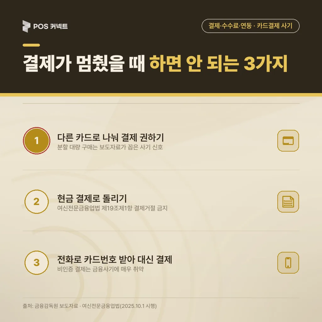 승인이 멈췄을 때 매장에서 하면 안 되는 3가지 — 분할결제 권유·현금 유도·전화 카드번호 대리결제