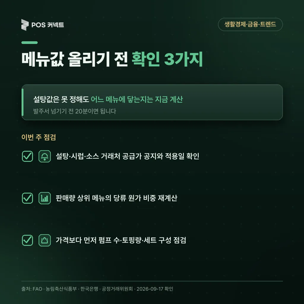 메뉴값 올리기 전 확인할 3가지 체크리스트 — 거래처 공지·당류 원가 비중·펌프 수
