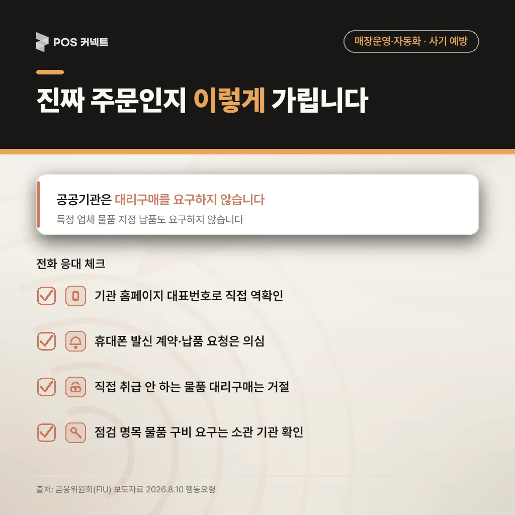 진짜 주문인지 가리는 판별 기준 — 기관 대표번호 역확인, 휴대폰 발신 의심, 대리구매 요청 거절