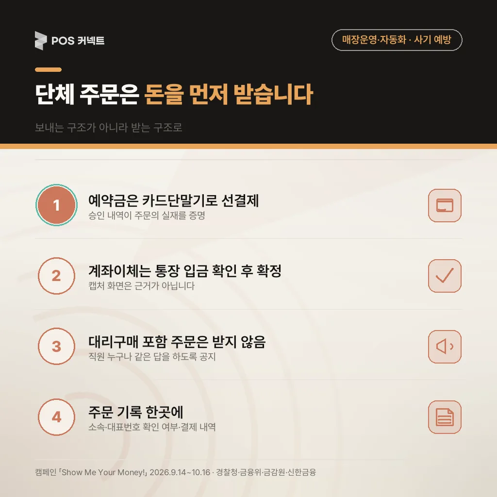 단체 주문 예약금 운영 원칙 — 카드단말기 선결제, 입금자명 확인, 대리구매 불가 공지, 주문 기록 보관