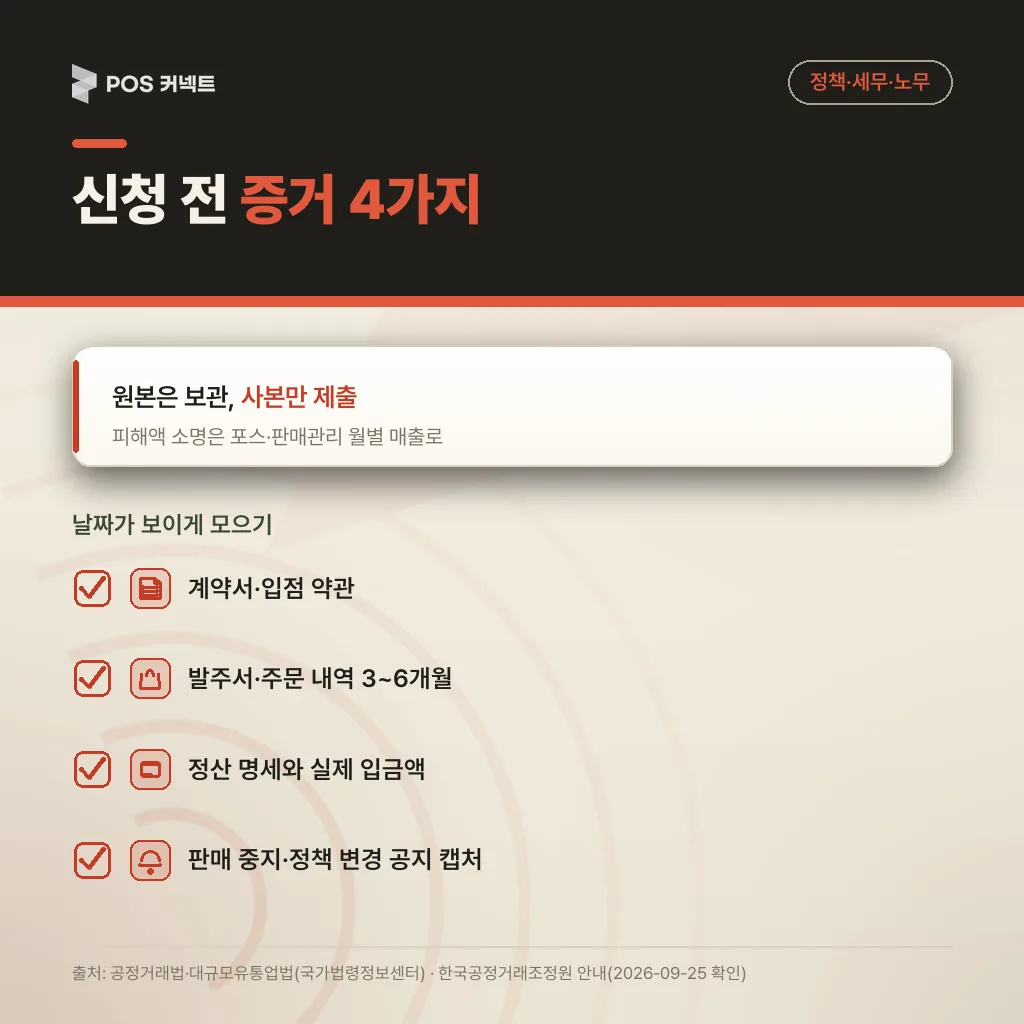 계약서·입점 약관, 발주서, 정산 명세, 판매 중지 공지 캡처 등 분쟁조정 신청 전 모아야 할 증거 체크리스트