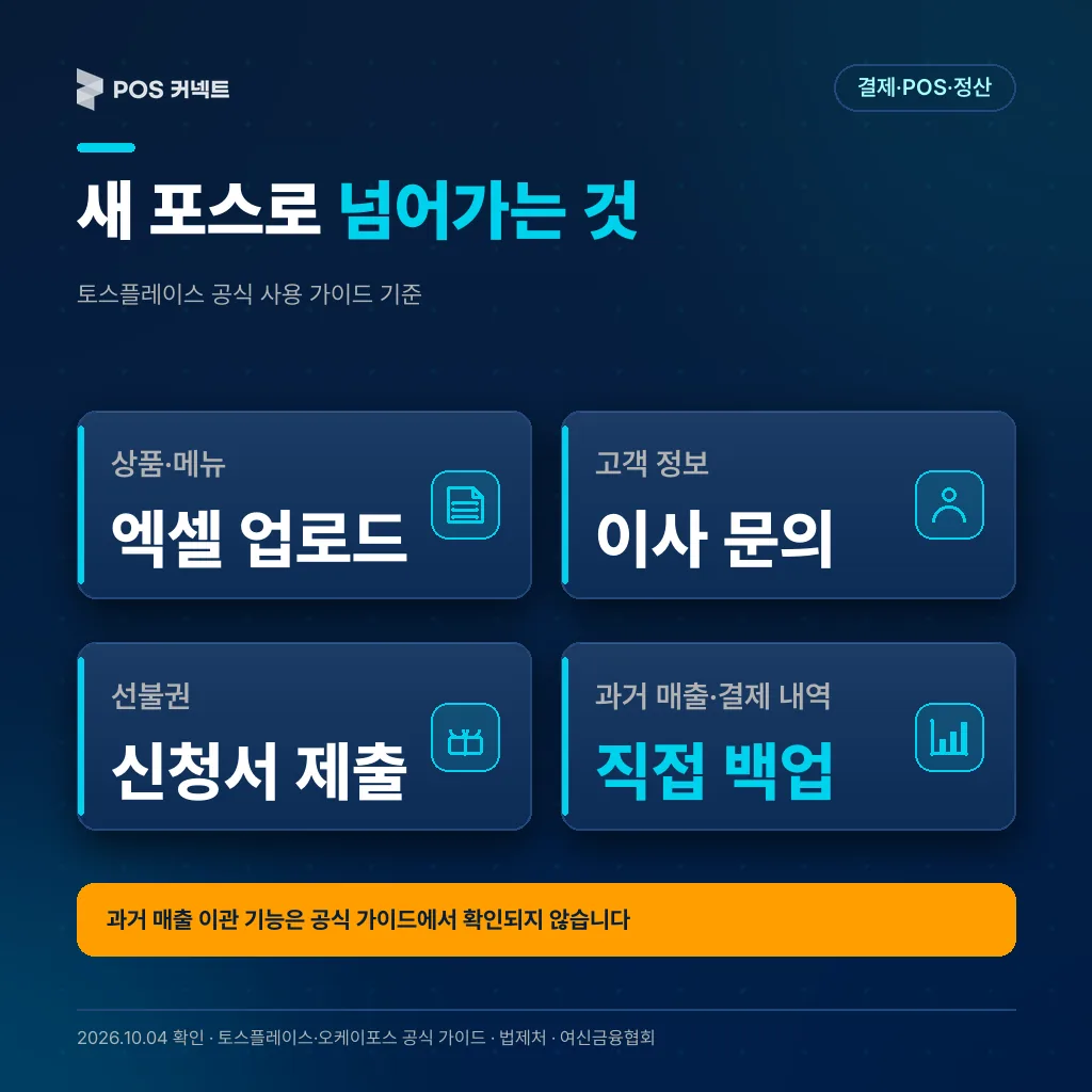 토스포스로 넘어가는 데이터 범위 — 상품 엑셀 업로드, 고객 정보·선불권 신청, 과거 매출은 직접 백업