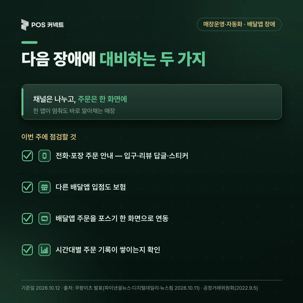 배달앱 장애 대비 채널 분산과 포스기 주문 통합 체크리스트