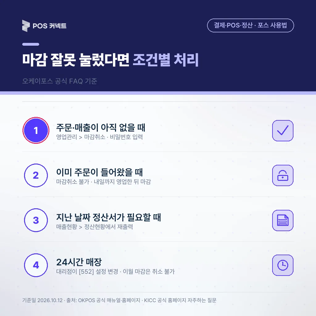 오케이포스 마감정산과 마감취소 가능 조건