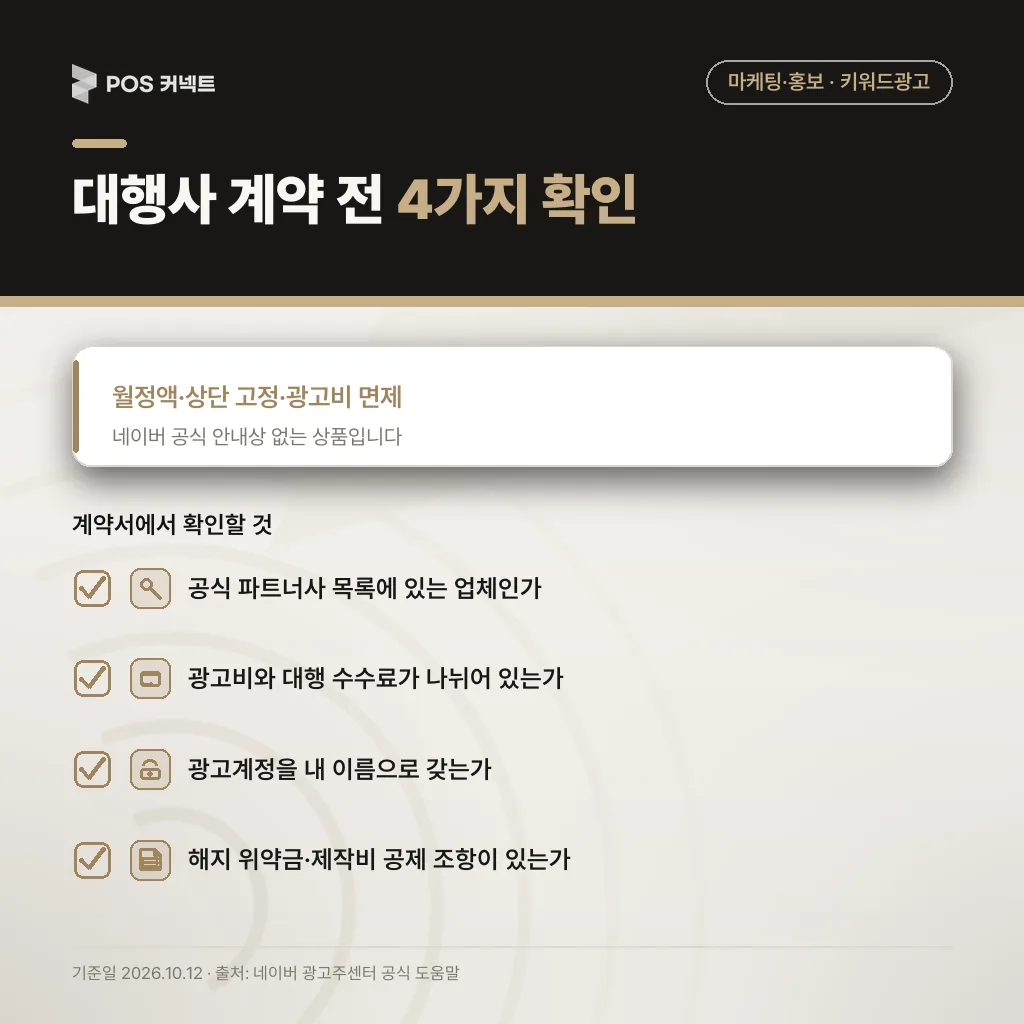 대행사 계약 전 확인 4가지: 공식 파트너사·광고비와 수수료 분리·계정 소유·해지 위약금