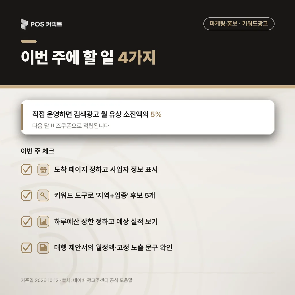 이번 주 할 일 4가지 체크리스트와 직접 운영 5% 비즈쿠폰 적립 안내
