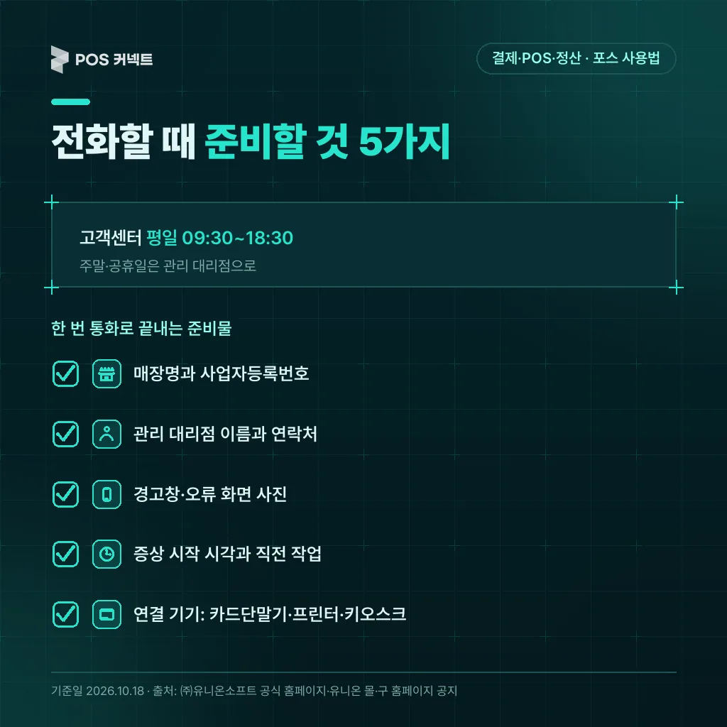 유니온포스 고객센터 전화 전 준비할 매장 정보·대리점·오류 사진·시각·연결 기기 체크리스트