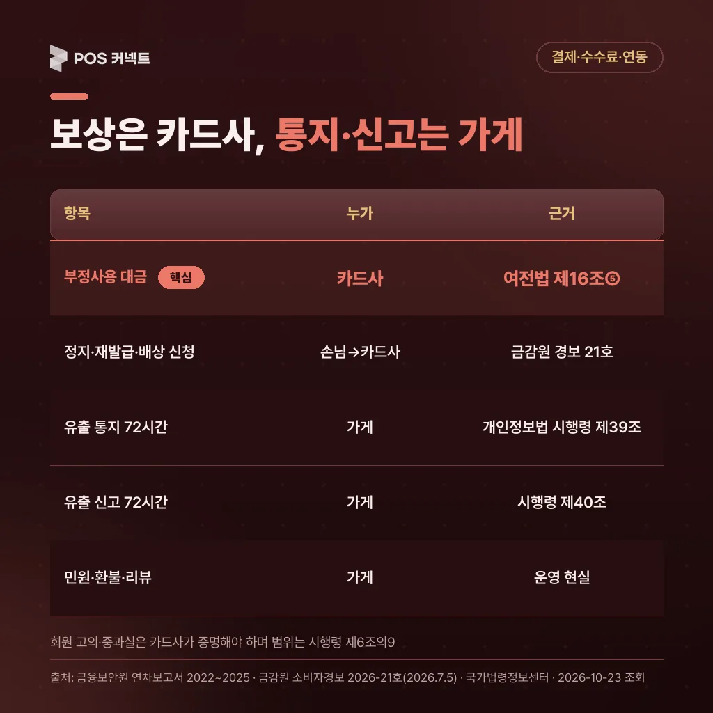 카드정보 유출 시 책임 분담표, 부정사용 대금은 카드사·유출 통지와 신고 72시간은 가게